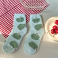 Plush coral fleece socks in light blue with green apple patterns for winter - One Size / Green Apple