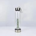 Glass energy water bottle with green and white crystal gravel in a silver pillar - Aventurine Jade