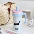 Pink blue and white tricolor large stainless steel tumbler with cute cat pattern - Blue Cat-1000ML