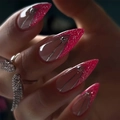 Sparkly French V-cut almond press on nails with silver glitter and rhinestone accents - Rose Pink Gradient with Rhinestones (JP3553)