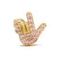 Gold-plated I Love You hand gesture stud earring with pink cubic zirconia and screw ball back - Hand Gesture / Pink