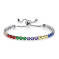 Close-up of rainbow tennis bracelet with colorful stones and adjustable slider clasp - Adjustable / White Gold + Multicolor