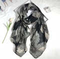 Floral print voile scarf in charcoal grey with magazine and flowers on white background - Black Grey Large Floral