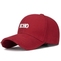 Dark red baseball cap with white ECHO embroidery and distressed ripped brim details - Burgundy