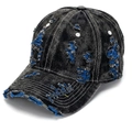 Distressed black washed denim baseball cap with blue ripped details and white stitching - Blue Details (#9)