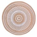 Round natural jute placemat with white ethnic pattern print and fringe edges - 38cm / Boho White