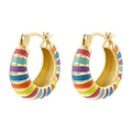 Detailed view of gold hoop earrings with vibrant rainbow enamel stripes on white backdrop - Multicolor B
