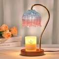 Floral glass candle warmer lamp with golden curved metal rod and solid wood base - Blue-Pink Gradient Glass Shade + Walnut Base / Knob Dimming / US Plug