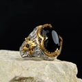 Men's vintage ring with oval black gemstone and intricate silver baroque scrollwork - Adjustable Open / Oval Black Gemstone Gold Edge