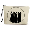 Beige canvas makeup bag with three black cat prints and a convenient wrist strap - Black Cat Pattern With Wrist Strap Style