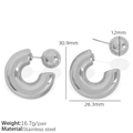 Polished silver stainless steel C-shaped stud earrings featuring a thick metallic ball design - C-Hoop Ball Style (EH591) / Silver