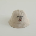 Close-up of beige cotton linen bucket hat featuring bear embroidery and Feel Good text - 48-50cm (1-2 Years) / Light Khaki