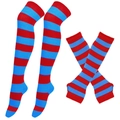 Red and blue striped knit knee-high socks and arm warmers set for Halloween cosplay - One Size / Red & Blue Wide Stripes