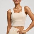 Creamy beige wide-strap sports bra with a vintage square neck design for yoga - Ivory
