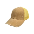 Détails de la visière usée et du filet jaune sur cette casquette de baseball vintage - Réglable / Jaune Gingembre