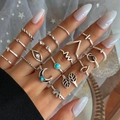 Set di 15 anelli bohémien vintage argento con luna in turchese e motivi elefante - Argento Vintage Turchese Set Anelli Bohémien 15 Pezzi / Argento Antico