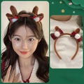 Brown plush reindeer antler headband with festive red plaid bow and white pompoms - 4# Christmas Headband-Brown Antler
