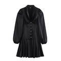 Elegant black satin V-neck mini dress with white buttons and pleated skirt detail - XS