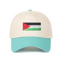 Detail view of Palestine flag embroidery on two-tone cotton trucker baseball cap - Beige/Lake Blue