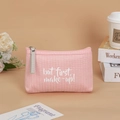 Pink canvas makeup bag with silver zipper and 'but first, make-up!' text print - Dotted Letters / Pink