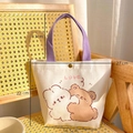 Cream canvas tote bag with purple handles featuring a cute bunny and bear print - Cute Pets Union Pattern (Small)