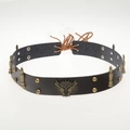 Black leather accessory with brass bullet studs and winged emblem on white background - 56-58cm / Black Bullet Rivet Badge Decorative Belt (AB62)