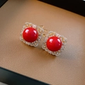 Macro shot of vintage gold square stud earrings with red gems and zircon stones - Vintage Gold-Red Square Stud Earrings (2#) / Gold Red