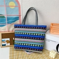 Blue woven canvas tote bag featuring ethnic geometric patterns and gray handles - Blue Ethnic Style