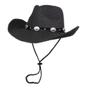 Classic black straw cowboy sun hat with leather band, metal studs and adjustable wind cord - M (56-58cm) / Black