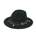 Dark green wide brim fedora hat with bohemian braided band and turquoise bead detail - 22-Dark Green