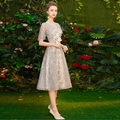 Elegant grey V-neck lace embroidery evening dress with flare sleeves and A-line silhouette - S / Gray