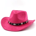 Detail van fuchsia cowboyhoed van suède met een zwarte leren band met noppen - M(56-58cm) / Rozerood