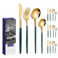 24-piece golden stainless steel cutlery set with dark green handles in a gift box - Portugal Style (16Pcs Set/Mail Box) / Green Gold