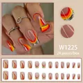 Long ballerina press-on nails with red, orange and yellow wave glitter stripes - W1225 (With Glue)