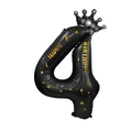 Ballon chiffre 4 noir avec couronne argentée et lettrage Happy Birthday doré - Couronne Bronzage Numéro 4