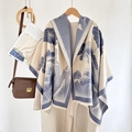 Elegant beige and blue cashmere pashmina with Chinese style lotus floral pattern - Lotus-Blue