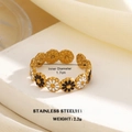 18K gold plated stainless steel open ring with black and white enamel daisy pattern - Black White Daisy Row (853G-8)