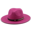 Close-up of rose red straw fedora featuring a dark brown leather band with gold rivet - M / Rose Red