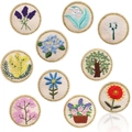 Set of 10 round floral embroidery patches with gold wire edges on white background - Set of 10 (Plant Flower Mix)