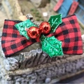Red and black plaid Christmas bow with green leaves and red berries decoration - Style 31-Red Black Plaid Green Leaf Berry
