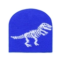 Close-up of bright blue knit beanie featuring detailed white dinosaur skeleton pattern - M (52-54cm) / Sapphire Blue