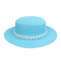 Sky blue flat top straw hat for summer with white lace trim and pearl detailing - Pearl Lace Decor Band Style (302C)