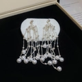 Detailed view of silver zircon tassel earrings with white pearls on a black velvet box - Silver Pearl Multi-layer Long Tassel (3#银针-银色珍珠长款)