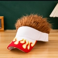 Creative white sun hat with red flame pattern brim and brown spiky wig hair - White + Coffee Hair