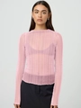 T-shirt rosa trasparente a maniche lunghe da donna con girocollo e trama a costine - S / Rosa