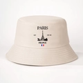 Close-up of Paris Eiffel Tower print and France lettering on a beige cotton bucket hat - One Size / Beige