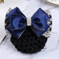 Navy blue satin bow hair clip with gold trim and black snood hairnet for nurses - Curved Pearl Lace Gold Edge Blue