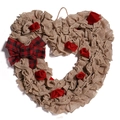 Ghirlanda a cuore in juta con rose rosse e fiocco scozzese per decorazione festiva - Marrone