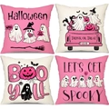Detailed grid view of four linen Halloween pillow covers with spooky festive typography - Halloween Series 4-Piece Set-27