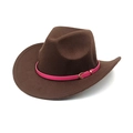 Close-up of deep brown wool felt cowboy hat featuring a pink leather belt with gold buckle - M (56-58cm) / Coffee